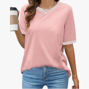 Pink Short Sleeve Top Striped Color Blocked Loose Tunic Tee Size Large